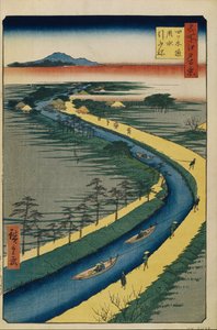 Łodzie holownicze na kanale Yotsugi dori Sto słynnych widoków Edo, 1856-1858 autorstwa Utagawa Hiroshige