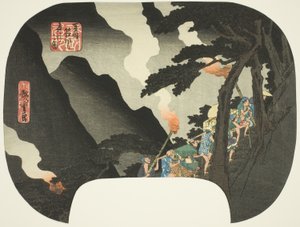 Podróżowanie nocą w górach Hakone na pograniczu prowincji Izu i Sagami (Zuso Hakone-yama yako no zu), z cyklu „Słynne miejsca w różnych prowincjach (Shokoku meisho)” autorstwa Utagawa Hiroshige