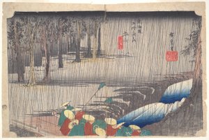 Wiosenny deszcz Tsuchiyama: pięćdziesiąt trzy stacje Tokaido autorstwa Utagawa Hiroshige