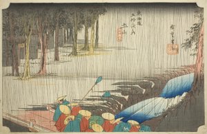 Tsuchiyama: Wiosenny deszcz (Tsuchiyama, haru no ame), z serii „Pięćdziesiąt trzy stacje Tokaido (Tokaido gojusan tsugi no uchi),” znany również jako Hoeido Tokaido autorstwa Utagawa Hiroshige