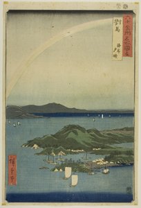 Prowincja Tsushima: pogodny wieczór na wybrzeżu (Tsushima, kaigan yubare), z serii "Słynne miejsca w sześćdziesięciu prowincjach (Rokujuyoshu meisho zue)". autorstwa Utagawa Hiroshige
