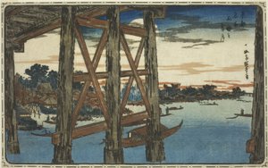 Twilight Moon na moście Ryogoku (Ryogoku no yoizuki), z serii „Słynne widoki na wschodnią stolicę (Toto meisho)” autorstwa Utagawa Hiroshige