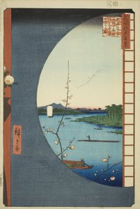 Widok z Massaki na Suijin Shrine, Uchigawa Inlet i Sekiya (Massaki hen yori Suijin no mori Uchigawa Sekiya no sato o miru zu), z serii „Sto słynnych widoków Edo (Meisho Edo hyakkei)” autorstwa Utagawa Hiroshige