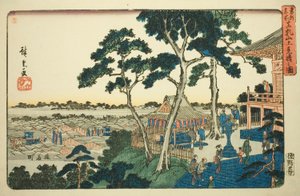 Widok ze szczytu wzgórza Matsuchi (Matsuchiyama ue miharashi no zu), z cyklu „Słynne miejsca we wschodniej stolicy (Toto meisho)” autorstwa Utagawa Hiroshige