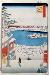 Widok ze szczytu zbocza na sanktuarium Tenjin w Yushimie, 1856-1858. autorstwa Utagawa Hiroshige