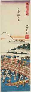 Widok mostu Nihon (Nihonbashi no zu), z cyklu „Słynne miejsca we wschodniej stolicy (Toto meisho no uchi)” autorstwa Utagawa Hiroshige