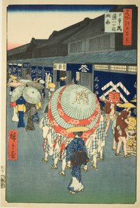 Widok tchome Nihonbashi Tori (szkic tchome Nihonbashi Tori), z serii Te „Ridge dre d fa net s views of Edo (Sto słynnych zabytków Edo)” autorstwa Utagawa Hiroshige