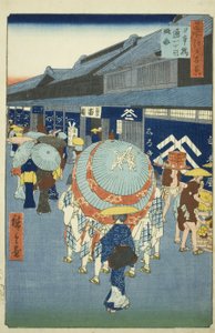 Widok tchome Nihonbashi Tori (szkic tchome Nihonbashi Tori), z serii Te „Ridge dre d fa net s views of Edo (Sto słynnych zabytków Edo)” autorstwa Utagawa Hiroshige