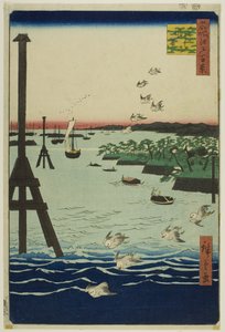 Widok na zatokę Shiba (Shibaura no fukei), z serii "Sto słynnych widoków Edo (Meisho Edo hyakkei)". autorstwa Utagawa Hiroshige