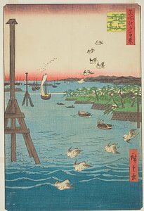 Widok wybrzeża Shiba (Shibaura no kei), z odcieniami jasnoniebieskiej wody, nr 108 z serii Sto słynnych widoków Edo (Meisho Edo hyakkei) autorstwa Utagawa Hiroshige