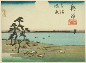 Widok Shiohamy i Kiyomigaseki w Okitsu (Okitsu, Kiyomigaseki, Shiohama fukei), fragment arkusza nr 4 z serii „Wycinane obrazy drogi Tokaido (Tokaido harimaze zue)” autorstwa Utagawa Hiroshige