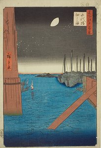 Widok na wyspę Tsukuda z mostu Eitai (Eitaibashi Tsukudajima), nr 4 z serii "Sto słynnych widoków Edo (Meisho Edo hyakkei)". autorstwa Utagawa Hiroshige