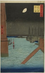 Widok na wyspę Tsukuda z mostu Eitai (Eitaibashi Tsukudajima), z serii "Sto słynnych widoków Edo (Meisho Edo hyakkei)". autorstwa Utagawa Hiroshige