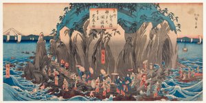Widok pielgrzymki do jaskini i sanktuarium Benzaiten w Enoshima, Sagami, ok. 1850-51 (drewniak)