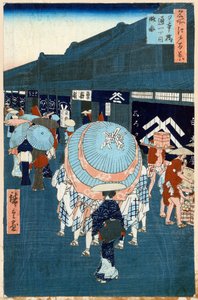 Widok na pierwszą ulicę na Nihonbashidori Sto słynnych widoków Edo, 1856-1858. autorstwa Utagawa Hiroshige