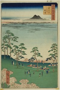 Widok na północ ze wzgórza Asuka (Asukayama kita no chobo), z serii "Sto słynnych widoków Edo (Meisho Edo hyakkei)". autorstwa Utagawa Hiroshige