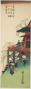 Oglądanie kwiatów wiśni z sali Kiyomizu w Toeizan w Ueno (Ueno Toeizan chu Kiyomizudo no hanami), z cyklu „Słynne widoki na wschodnią stolicę (Toto meisho)” autorstwa Utagawa Hiroshige
