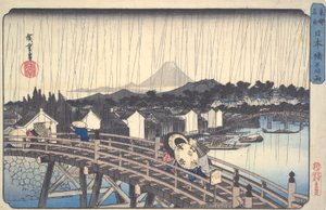 Biały deszcz na moście Nihon z cyklu Znane miejsca wschodniej stolicy autorstwa Utagawa Hiroshige