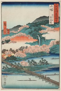 Prowincja Yamashiro: Most Togetsu na górze Arashi (Yamashiro, Arashiyama Togetsukyo), z serii "Słynne miejsca w sześćdziesięciu prowincjach (Rokujuyoshu meisho zue)". autorstwa Utagawa Hiroshige