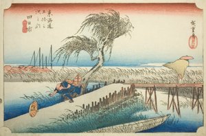 Yokkaichi: Mie River (Yokkaichi, Miegawa), z serii „Pięćdziesiąt trzy stacje Tokaido (Tokaido gojusan tsugi no uchi),” znany również jako Hoeido Tokaido autorstwa Utagawa Hiroshige