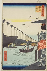 Yoroi Ferry, Koami-cho (Yoroi no watashi Koami-cho), nr 46 z serii "Sto słynnych widoków Edo (Meisho Edo hyakkei)". autorstwa Utagawa Hiroshige