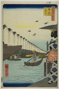 Prom Yoroi, Koami-cho (Yoroi no watashi Koami-cho), z serii "Sto słynnych widoków Edo (Meisho Edo hyakkei)". autorstwa Utagawa Hiroshige