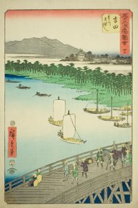 Yoshida: Wielki Most na rzece Toyo (Yoshida, Toyokawa ohashi), nr. 35 z cyklu „Słynne zabytki pięćdziesięciu trzech stacji (Gojusan tsugi meisho zue),” znanego również jako Vertical Tokaido autorstwa Utagawa Hiroshige