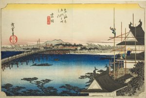 Yoshida: Most na rzece Toyo (Yoshida, Toyokawabashi), z serii „Pięćdziesiąt trzy stacje Tokaido (Tokaido gojusan tsugi no uchi),” znany również jako Hoeido Tokaido autorstwa Utagawa Hiroshige