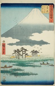 Yoshiwara: Fuji Marsh i Ukishima Plain (Yoshiwara, Fuji no numa ukishima ga hara), nr 15 z serii „Słynne zabytki pięćdziesięciu trzech stacji (Gojusan tsugi meisho zue),” znanej również jako Vertical Tokaido autorstwa Utagawa Hiroshige