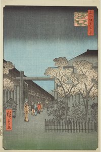 Yoshiwara Licensed Quarters at Dawn (Kakuchu shinonome), nr 38 z serii "One Hundred Famous Views of Edo (Meisho Edo hyakkei)". autorstwa Utagawa Hiroshige