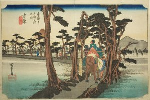 Yoshiwara: Góra Fuji po lewej (Yoshiwara, hidari Fuji), z serii „Pięćdziesiąt trzy stacje drogi Tokaido (Tokaido gojusan tsugi no uchi),” znana również jako Hoeido Tokaido autorstwa Utagawa Hiroshige