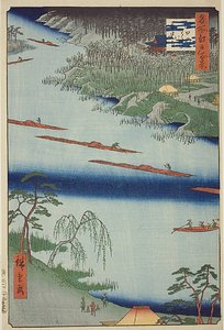 Świątynia Zenkoji i prom w Kawaguchi (Kawaguchi no watashi Zenkoji) z ciemnoniebieskim paskiem, nr 20 z serii "Sto słynnych widoków Edo (Meisho Edo hyakkei)". autorstwa Utagawa Hiroshige
