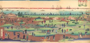Ilustracja przedstawiająca frontowy ogród hotelu Tsukiji we wschodniej stolicy Toto ..., ca. 1868-72.