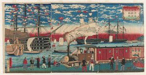 Zdjęcie lokomotywy wzdłuż nabrzeża Yokohama, Yokohama, okres Edo