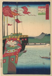 Holenderskie i chińskie statki w porcie w Nagasaki w prowincji Hizen, 3 miesiąc, 1859.