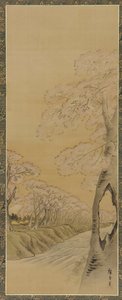 Krajobraz: kwitnące drzewa wiśniowe wzdłuż brzegów potoku, okres Edo, 1615-1868.