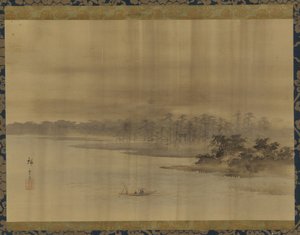 Krajobraz rzeki i świątynia w deszczu, okres Edo, XIX wiek. autorstwa Utagawa Hiroshige II
