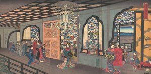 Górne piętro herbaciarni Gankiro w Jokohamie, 4 miesiąc, 1860 r. autorstwa Utagawa Hiroshige II