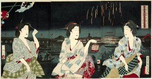 Ciesząc się wieczorną bryzą podczas fajerwerków w Ryogoku Ryogoku hanabi yusuzumi no kei (tytuł na obiekcie) autorstwa Utagawa Kunichika