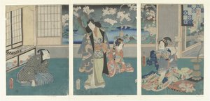 Trzeci miesiąc Yayoi (tytuł na obiekcie) Współczesne historie Genji w ciągu dwunastu miesięcy (tytuł serii) Imayo Genji junikagetsu no uchi (tytuł serii na obiekcie) autorstwa Utagawa Kunisada (I)