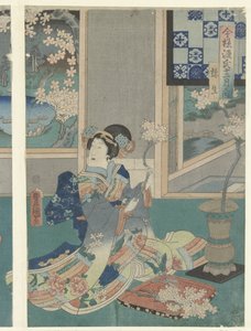 Trzeci miesiąc Yayoi (tytuł na obiekcie) Współczesne historie Genji w ciągu dwunastu miesięcy (tytuł serii) Imayo Genji junikagetsu no uchi (tytuł serii na obiekcie) autorstwa Utagawa Kunisada (I)