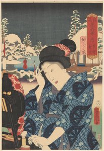 Zalegający śnieg na Utsusemi (tytuł na obiekcie) Genji dopasowany do ośmiu widoków (tytuł serii na obiekcie) autorstwa Utagawa Kunisada (I)