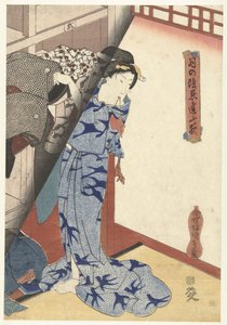 Kobieta odkłada kimono Secret Nighttime Dates by Moonlight (tytuł serii) Tsuki no kage shinobiau yoru (tytuł serii na obiekcie) autorstwa Utagawa Kunisada (I)
