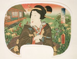 Jesień, Hanayashiki: Gejsza z fajką, projekt na wachlarz z zestawu czterech pór roku, 1858-60 (drewnodruk)