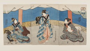 Piękności podczas walki kogutów (Bijin Toriaiu) (kolorowy drzeworyt) autorstwa Utagawa Kunisada