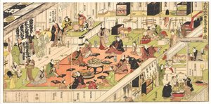 Za kulisami teatru kabuki Nakamura świętuje się wyprzedane przedstawienie autorstwa Utagawa Kunisada