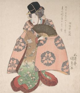Aktor kabuki w roli kobiecej stojący z wachlarzem, XIX w., XIX w. autorstwa Utagawa Kunisada