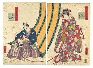 Parodia Trzeciej Księżniczki i Kashiwagi: „Rozdział 50: Chatka na Wielkanoc…, 1858, drugi miesiąc. autorstwa Utagawa Kunisada