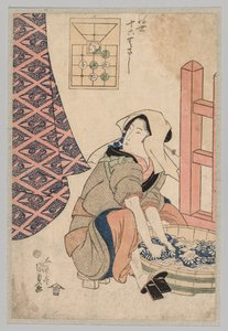 Siedząca kobieta pierze ubrania w drewnianej wannie autorstwa Utagawa Kunisada