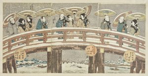 Zimowa scena z obiecującą procesją aktorów autorstwa Utagawa Kunisada